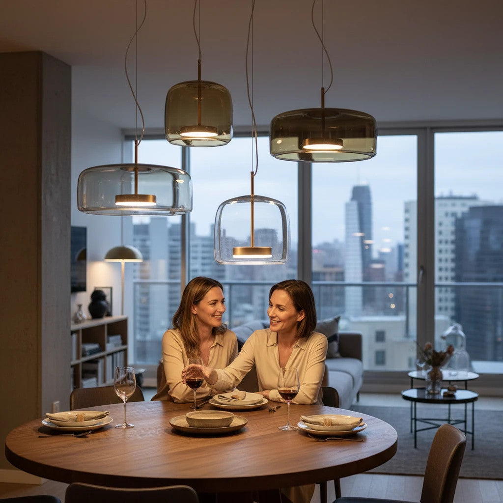 Lysverden bell-shaped glass pendant lights in amber and smoke tones hanging over a dining table in a modern apartment.