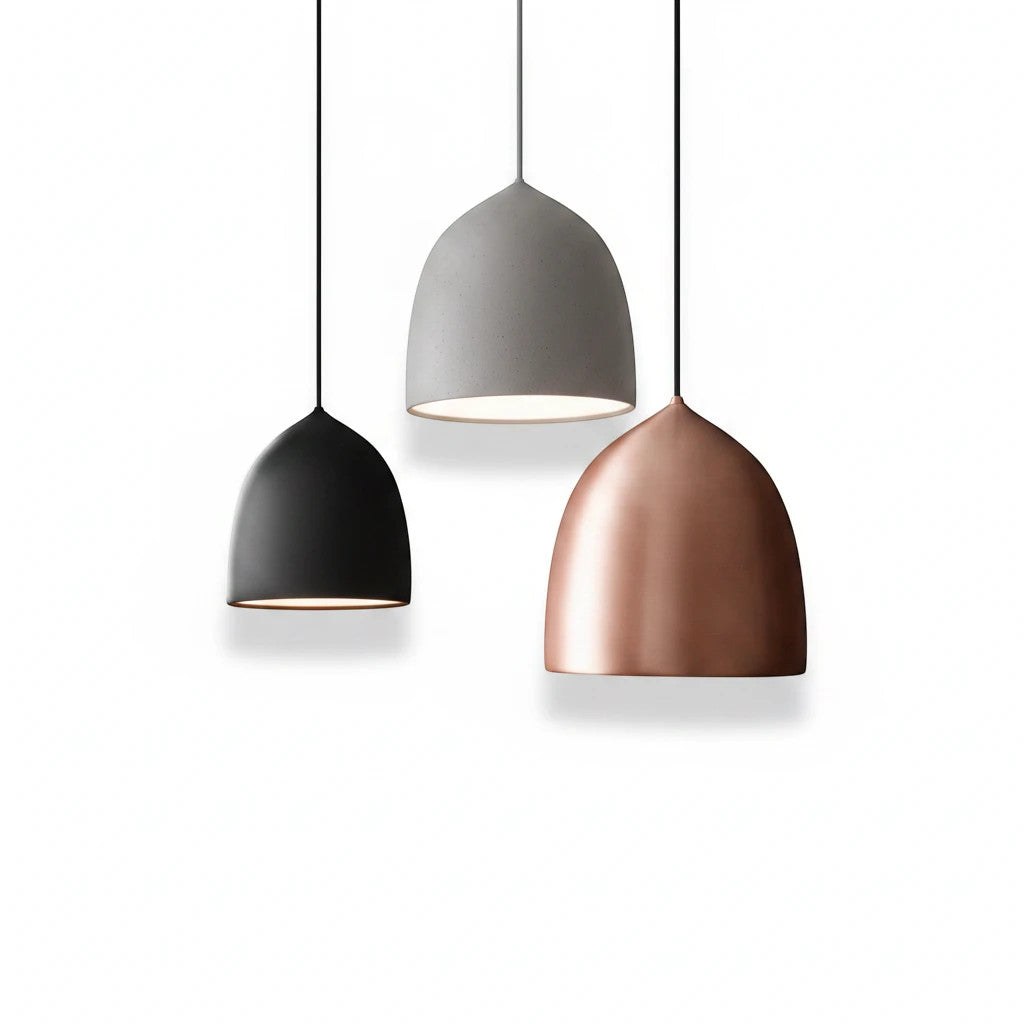 Lysverden set of three bell-shaped metal pendant lights in black, grey, and copper finish for minimalist interiors.