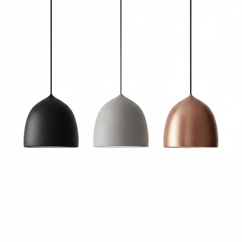 Lysverden set of three bell-shaped metal pendant lights in black, grey, and copper finish with minimalist design.