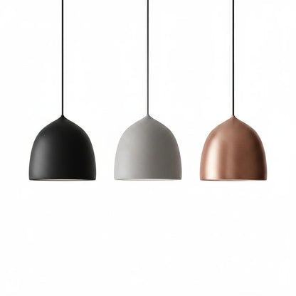 Lysverden set of three bell-shaped metal pendant lights in black, grey, and copper finish with minimalist design.