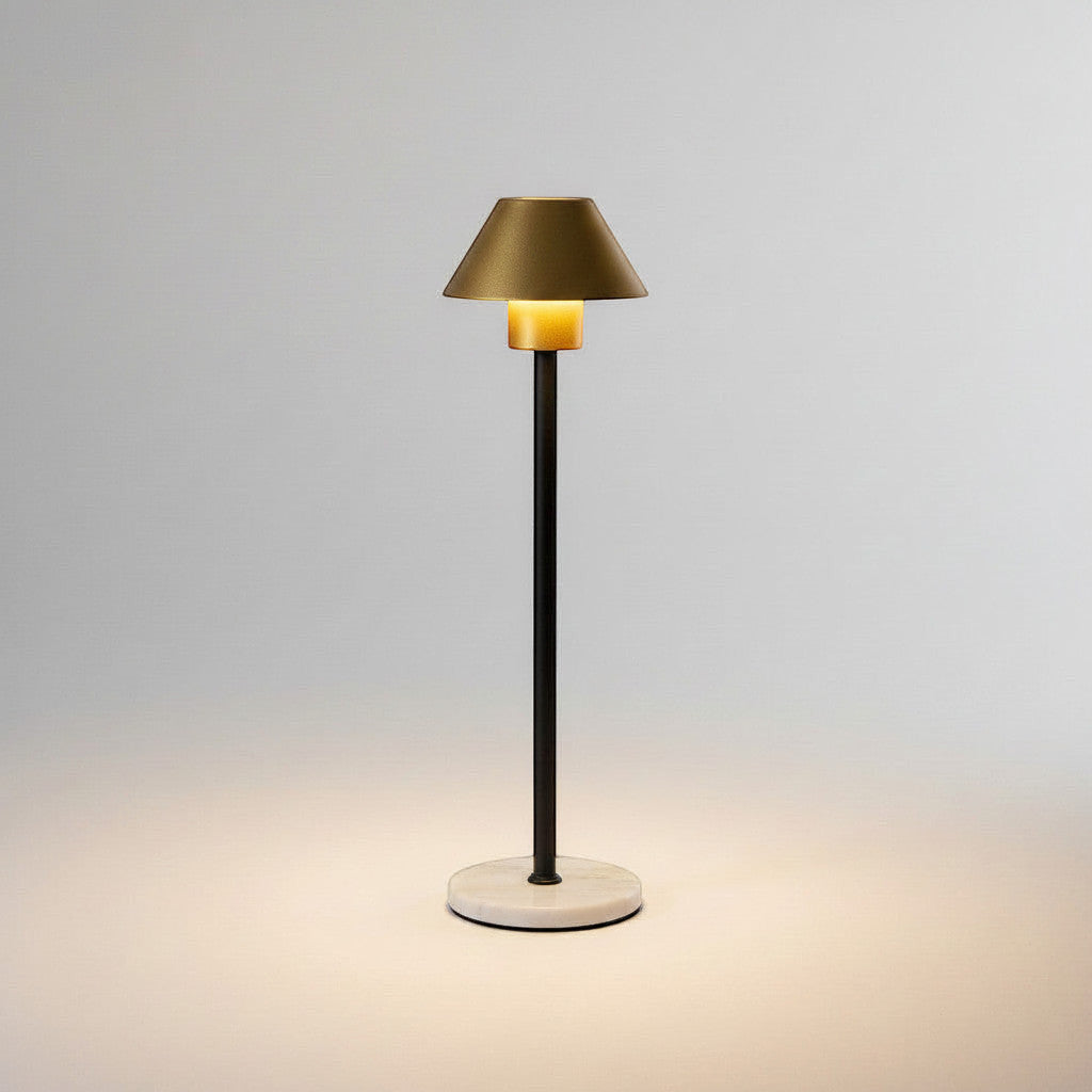Lysverden cordless aluminum table lamp with bell-shaped shade, touch control, dimmable, 3000K warm light, 3600 mAh battery.