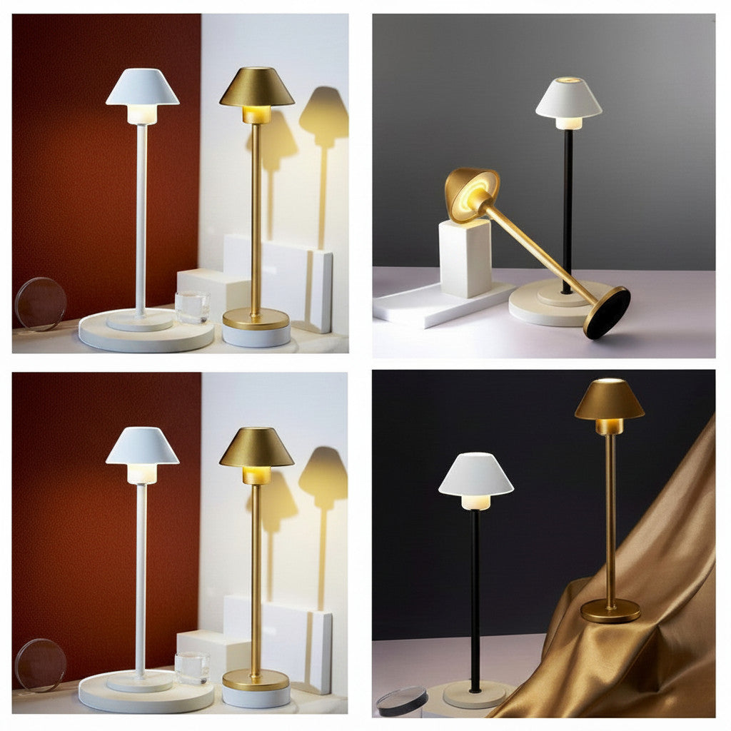 Lysverden cordless aluminum table lamp with bell-shaped shade, touch control, dimmable, 3000K warm light, 3600mAh battery.