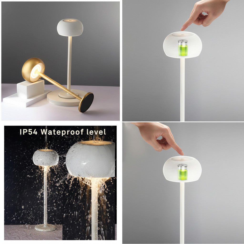 Lysverden Bell table lamp in white aluminum and PMMA with touch control, dimmable, IP54 waterproof, 3600 mAh battery.
