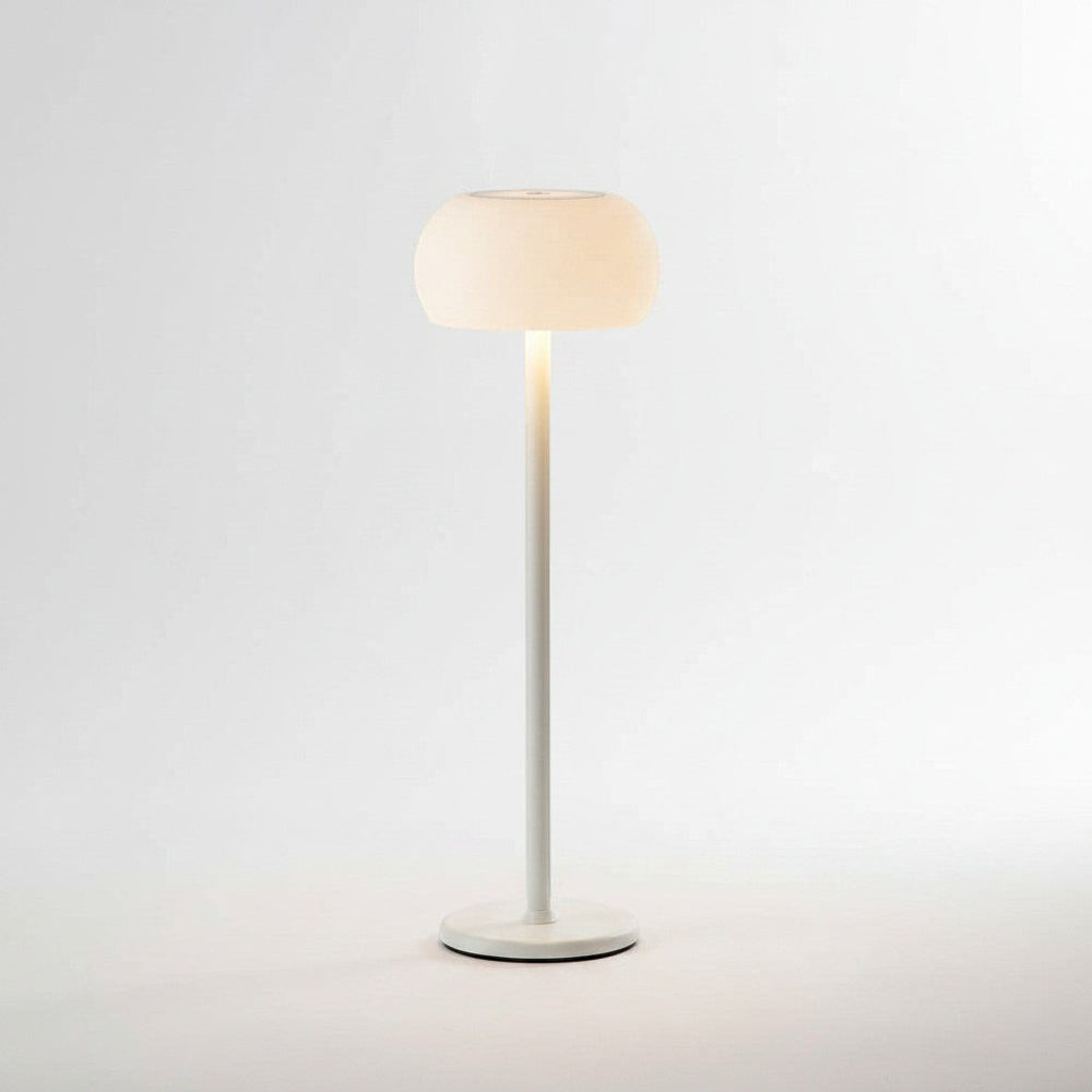Lysverden Bell table lamp in white aluminum and PMMA with touch control, dimmable, IP54 waterproof, 3600mAh battery.