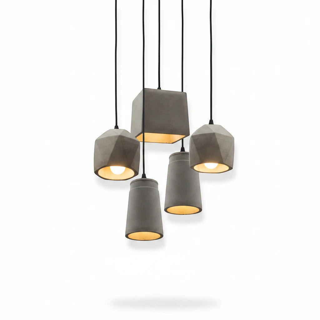 Lysverden BETONG industrial pendant lamp cluster with five grey cement shades providing warm downward lighting