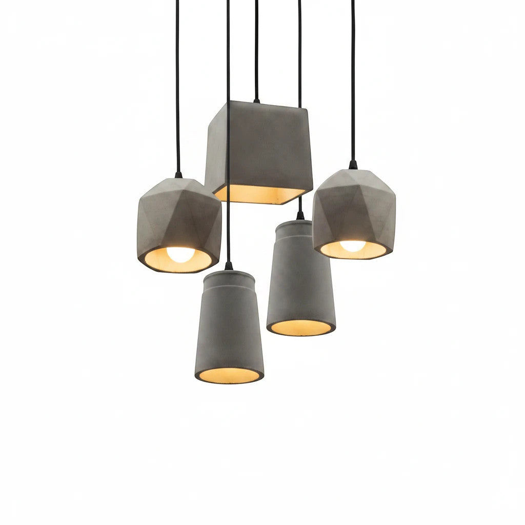 Lysverden BETONG industrial pendant light cluster with four grey cement shades providing warm downward lighting