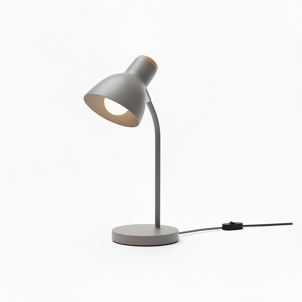 Lysverden black adjustable desk lamp with a wooden accent on the shade and a round wood base.