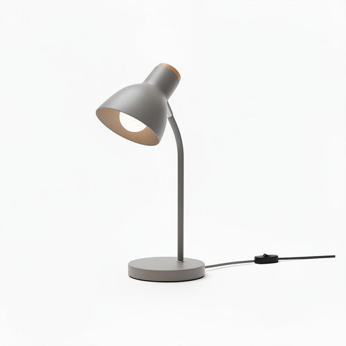 Lysverden black adjustable desk lamp with a wooden accent on the shade and a round wood base.