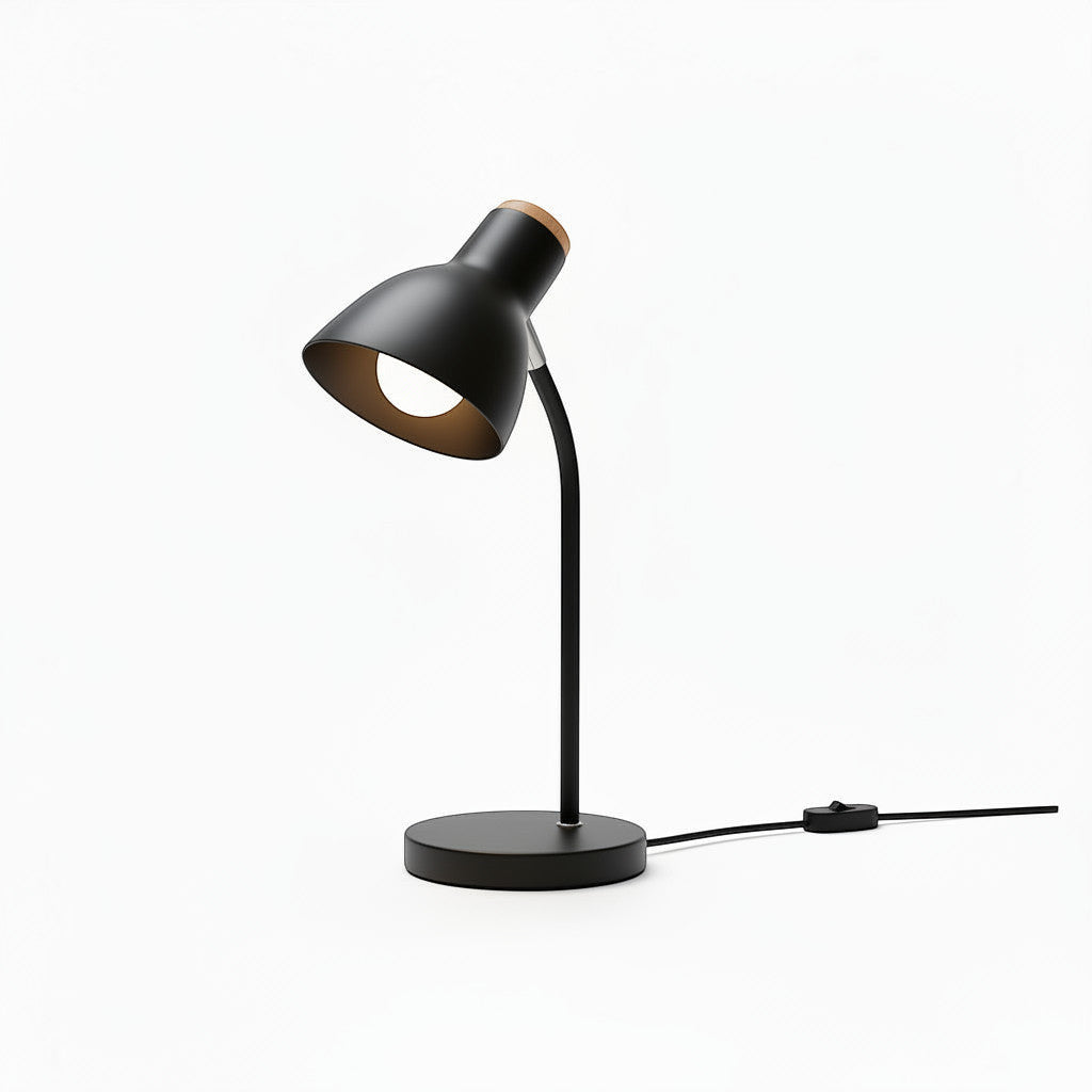 Lysverden black adjustable desk lamp with a wooden accent on the shade and a round wooden base. Modern Nordic style.
