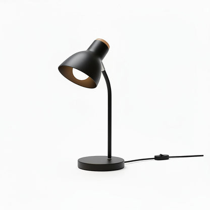 Lysverden black adjustable desk lamp with a wooden accent on the shade and a round wooden base. Modern Nordic style.