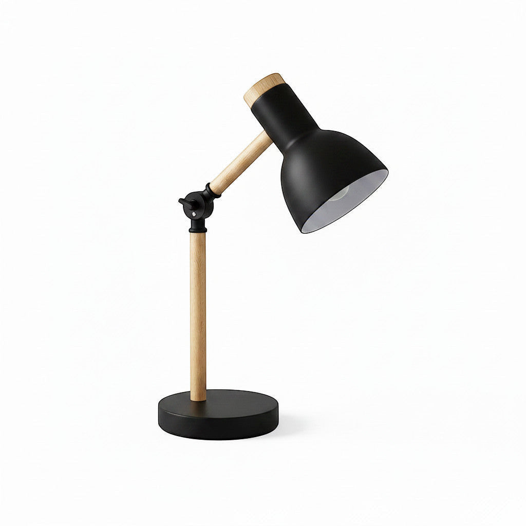 Lysverden black adjustable desk lamp with wood base and accents, metal shade, E27 socket.