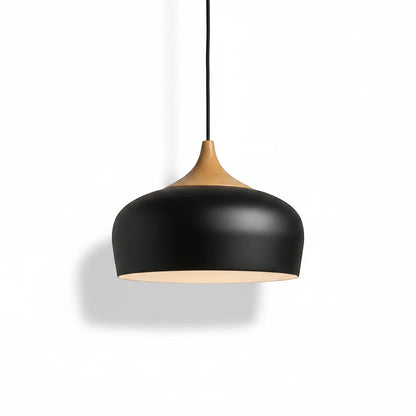 Lysverden black aluminium dome pendant light with a natural wood accent detail for minimalist Scandinavian interiors