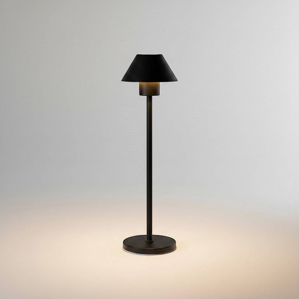 Lysverden black aluminum cordless table lamp with bell-shaped shade, touch control, and dimming. 3600 mAh battery.