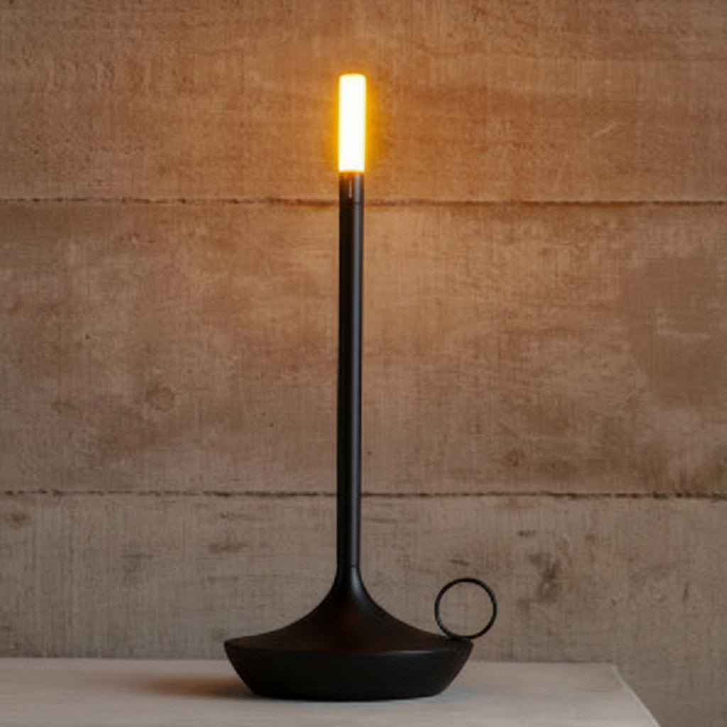 Lysverden black aluminum cordless table lamp with candle-like LED light, 3-level dimming, 2700K warm light.