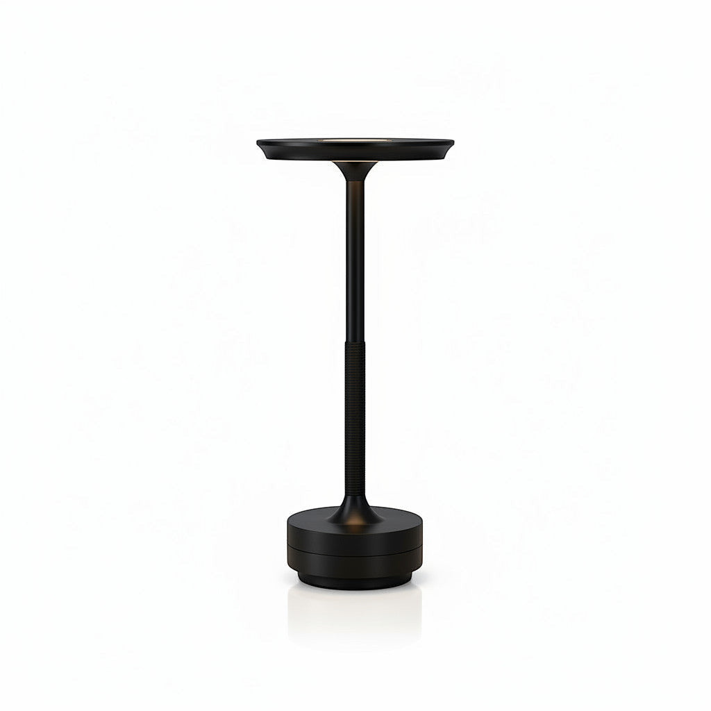 Lysverden cordless black aluminum desk lamp with flat disc top, touch control, and 3 color temperatures.