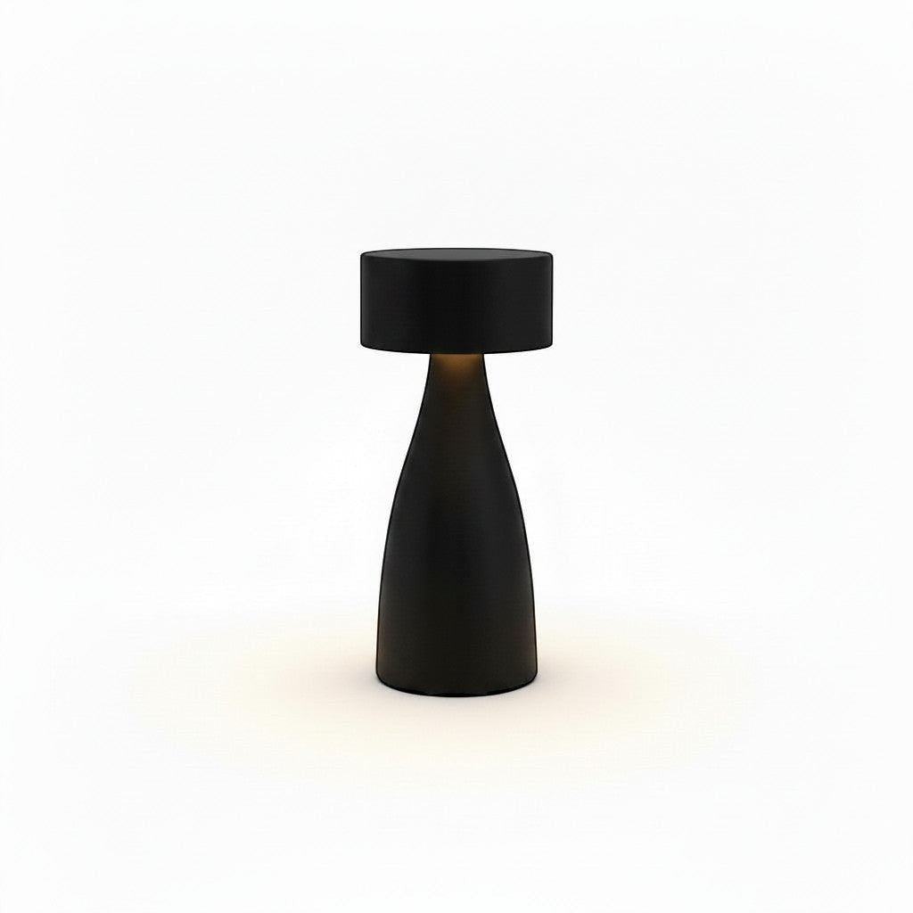 Lysverden black brushed aluminum disc-top table lamp with flute stem, touch control, 4 color temperatures, and dimming.