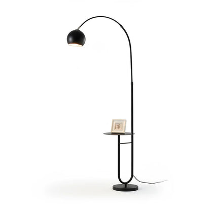 Lysverden black arched floor lamp with a built-in side table and dome shade, featuring a minimalist modern design.