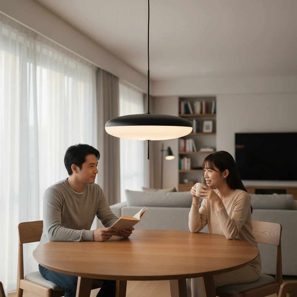 Lysverden minimalist black bowl pendant light with white diffuser hanging over a wooden dining table with a couple.