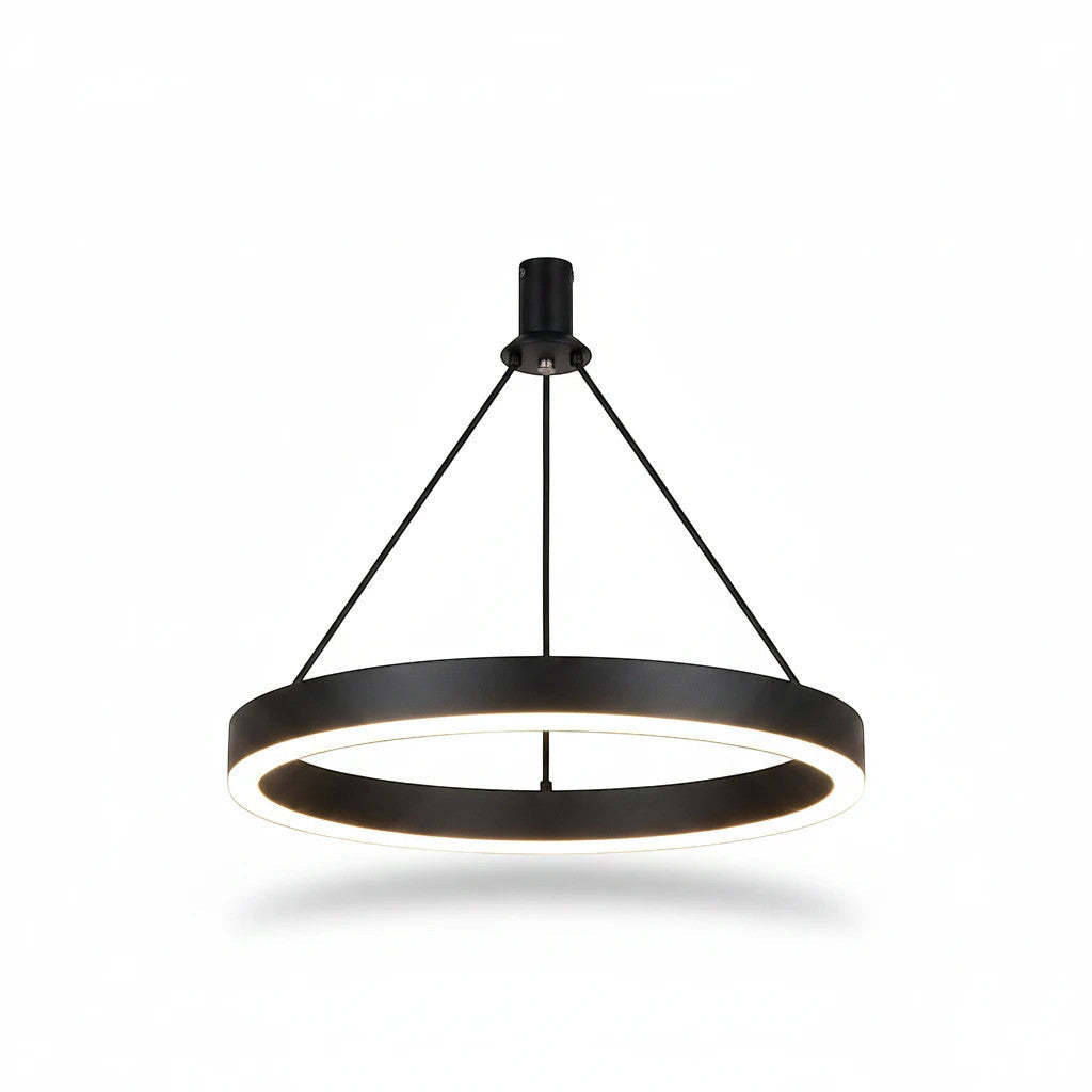 Lysverden moderne sort sirkulær LED-pendel med minimalistisk metallramme og integrert varmhvitt lys.