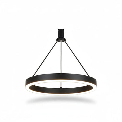 Lysverden moderne sort sirkulær LED-pendel med minimalistisk metallramme og integrert varmhvitt lys.