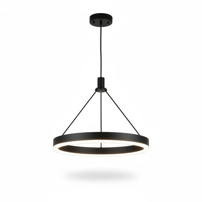 Lysverden moderne sort sirkulær LED-pendel med minimalistisk metallramme og varmhvit akryldiffusor.