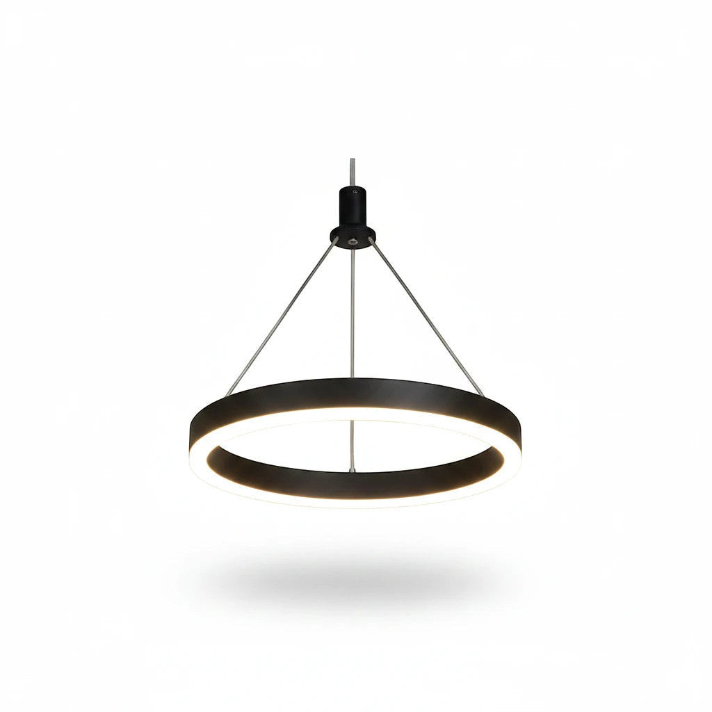 Lysverden moderne sort sirkulær LED-pendel med minimalistisk metallramme og varmhvit akryldiffusor
