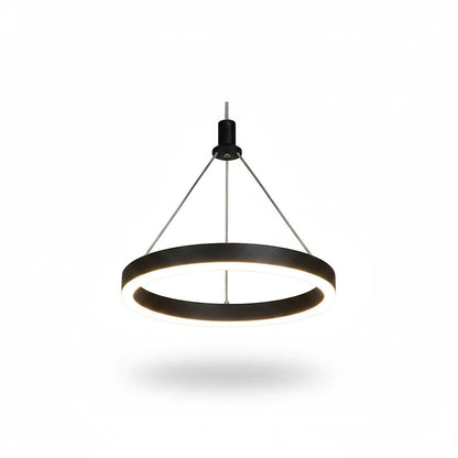 Lysverden moderne sort sirkulær LED-pendel med minimalistisk metallramme og varmhvit akryldiffusor