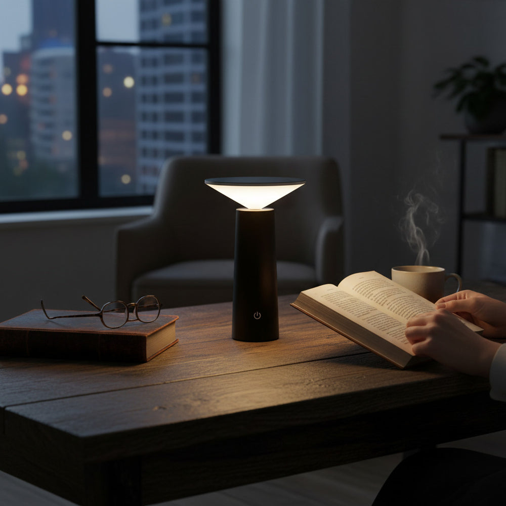 Lysverden black cone-shaped modern table lamp with touch control, dimmable, 3 color temperatures, 1200 mAh battery.