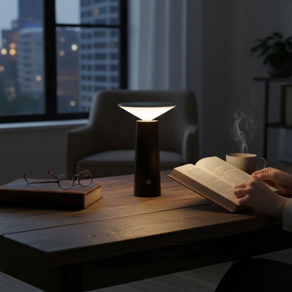 Lysverden black cone-shaped modern table lamp with touch control, dimmable, 3 color temperatures, 1200 mAh battery.