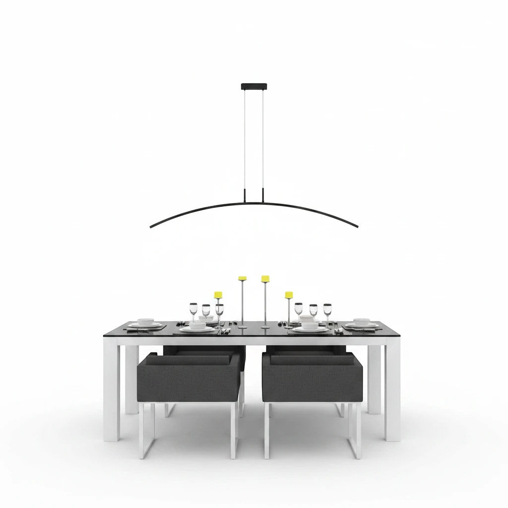 Lysverden black curved LED pendant light hanging over a modern dining table with chairs in a minimalist setting