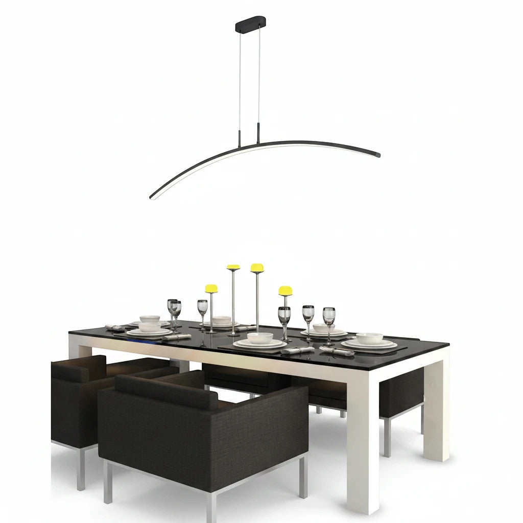 Lysverden black curved LED pendant light hanging over a modern dining table with place settings