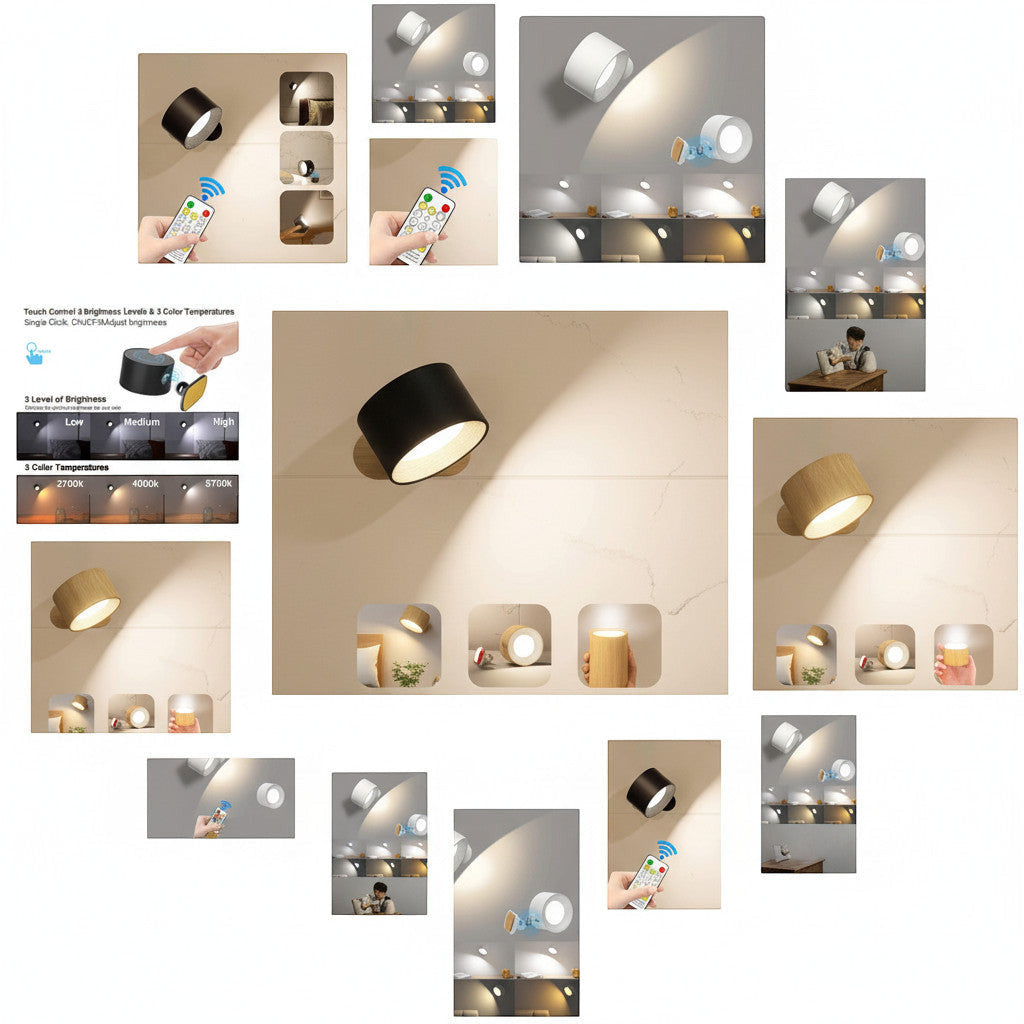 Lysverden black cylinder wall light with 360° rotation, touch control, and remote. Features 3 color temperatures and brightness levels.