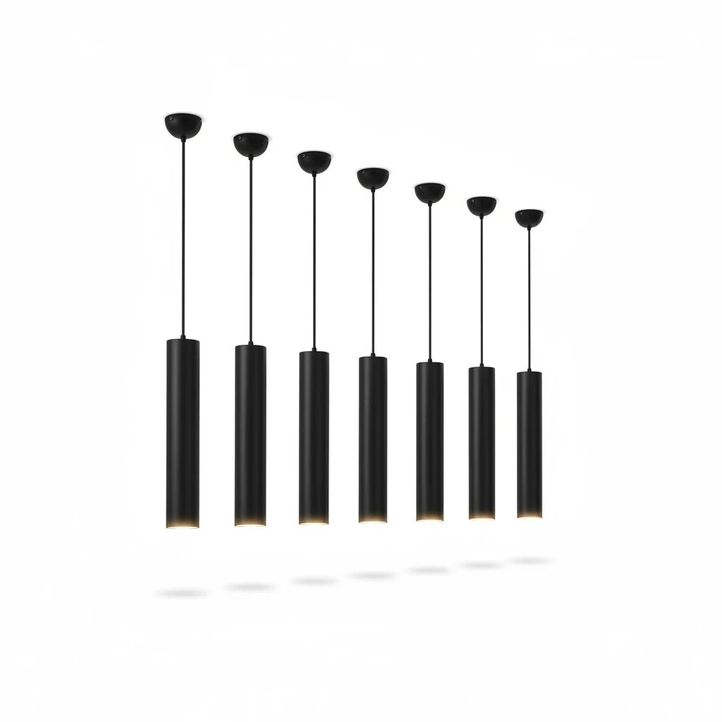 Lysverden matte black cylindrical LED pendant lights arranged in a cascading row with minimalist Nordic design