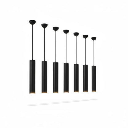 Lysverden matte black cylindrical LED pendant lights arranged in a cascading row with minimalist Nordic design