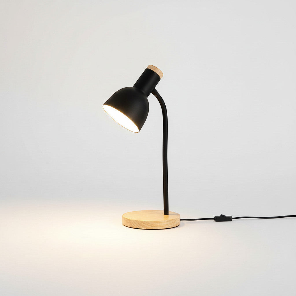 Lysverden black metal desk lamp with flexible arm and natural wood base, E27 socket, adjustable head.