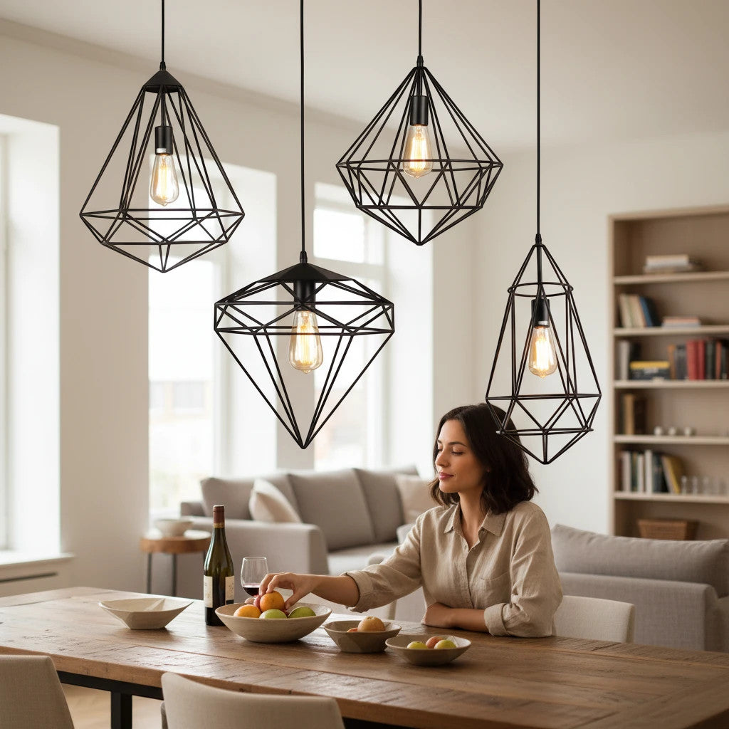 Lysverden industrial black diamond-shaped metal wire pendant lights hanging over a wooden dining table
