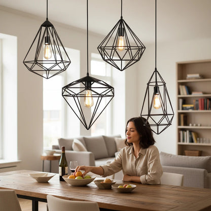 Lysverden industrial black diamond-shaped metal wire pendant lights hanging over a wooden dining table