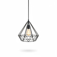 Lysverden industrial black metal wire pendant light in a diamond cage design with an exposed Edison bulb