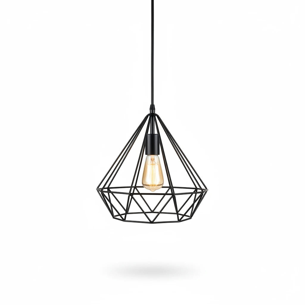 Lysverden industrial black metal wire pendant light in a diamond cage design with an exposed Edison bulb