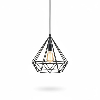 Lysverden industrial black metal wire pendant light in a diamond cage design with an exposed Edison bulb