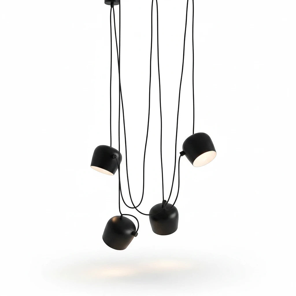 Lysverden black industrial drum pendant light cluster with four adjustable spotlights and white diffusers