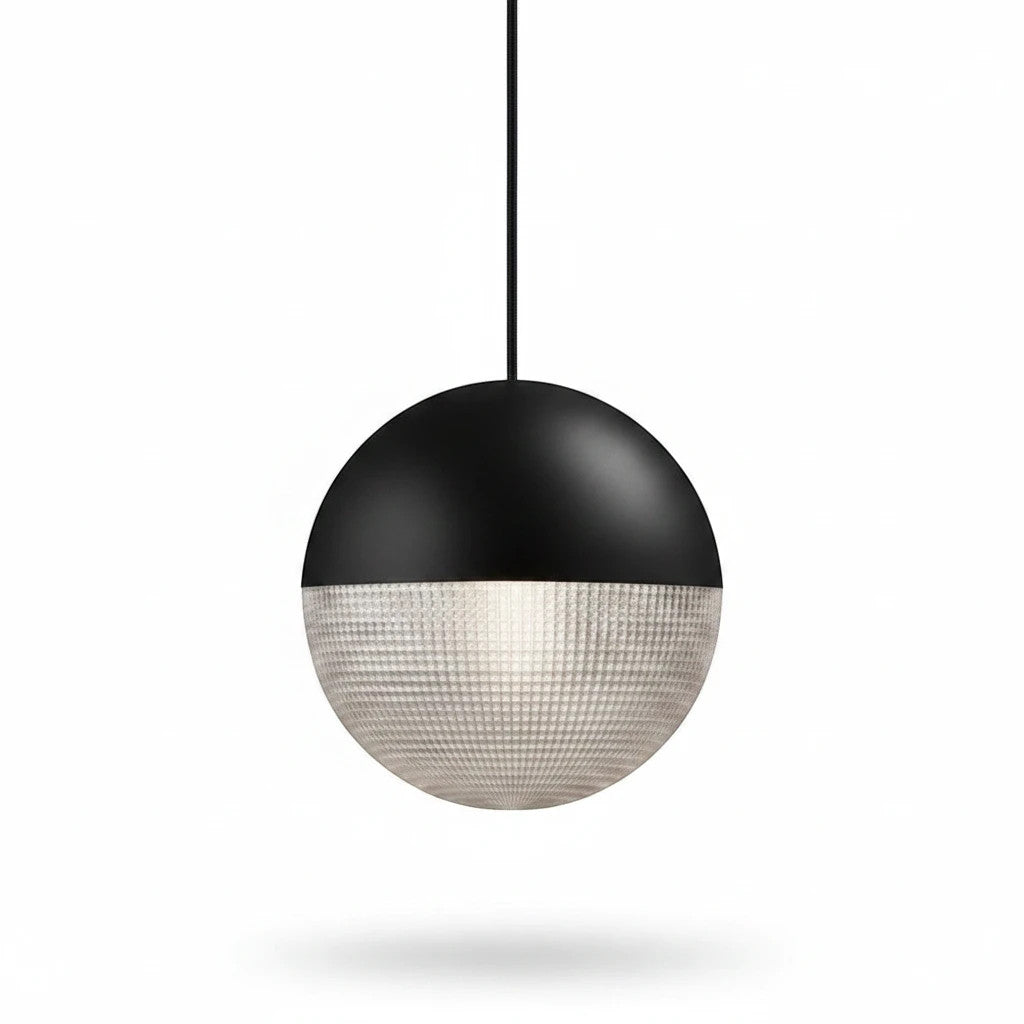 Lysverden spherical pendant light with a matte black top and clear faceted glass shade for decorative lighting.