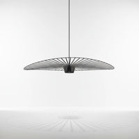 Lysverden large black flat disc pendant lamp with ribbed fiber design creating a decorative shadow effect