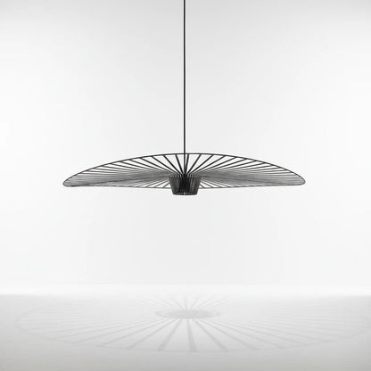 Lysverden large black flat disc pendant lamp with ribbed fiber design creating a decorative shadow effect