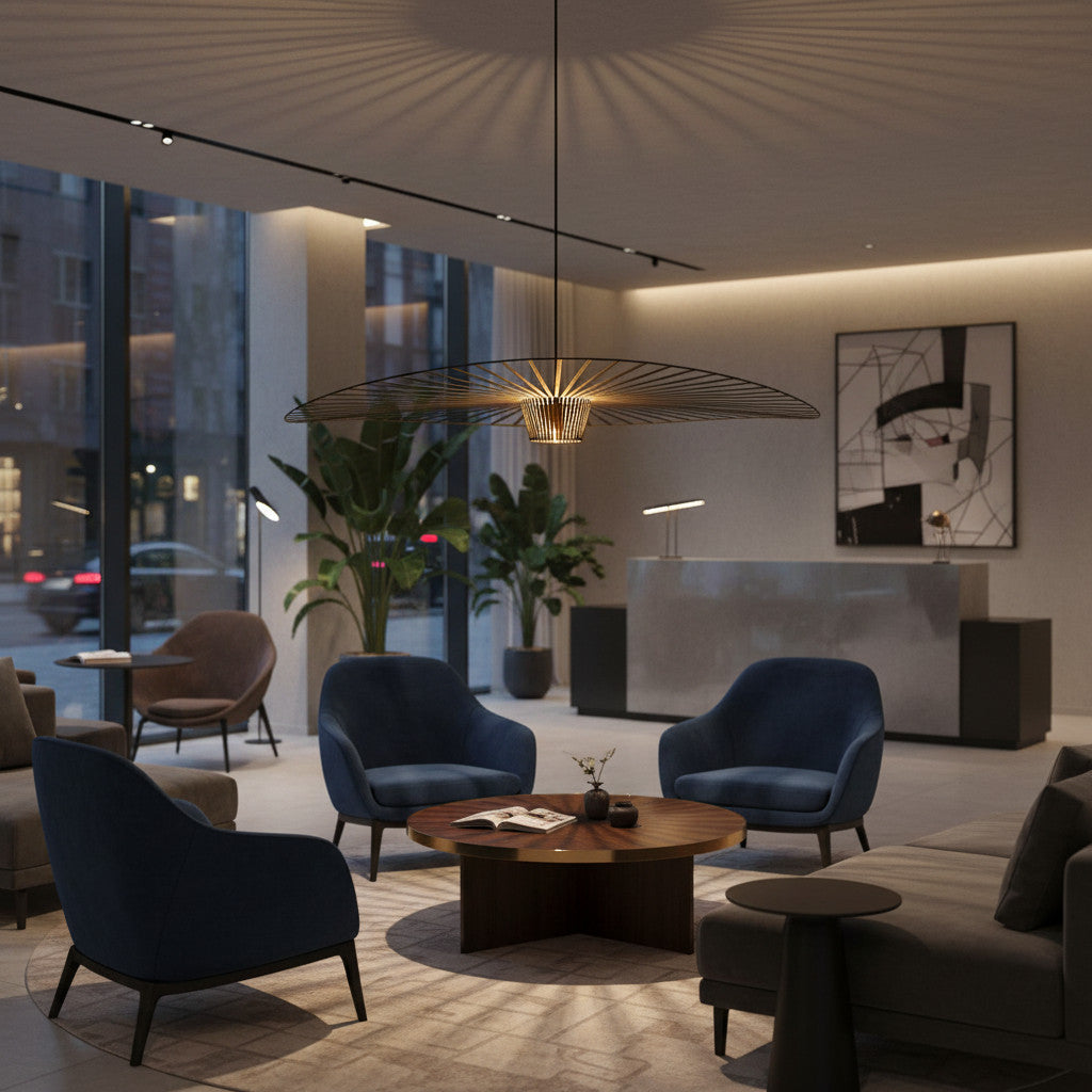 Lysverden large black flat disc pendant light with ribbed fiber design casting decorative shadows in a modern lounge.