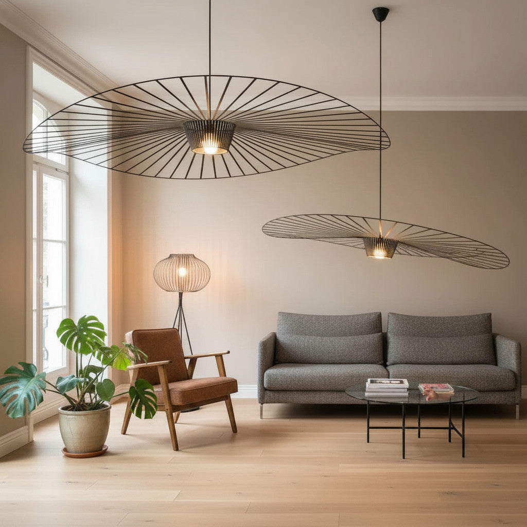 Lysverden large black flat disc pendant lights with ribbed fiber design hanging in a modern living room interior