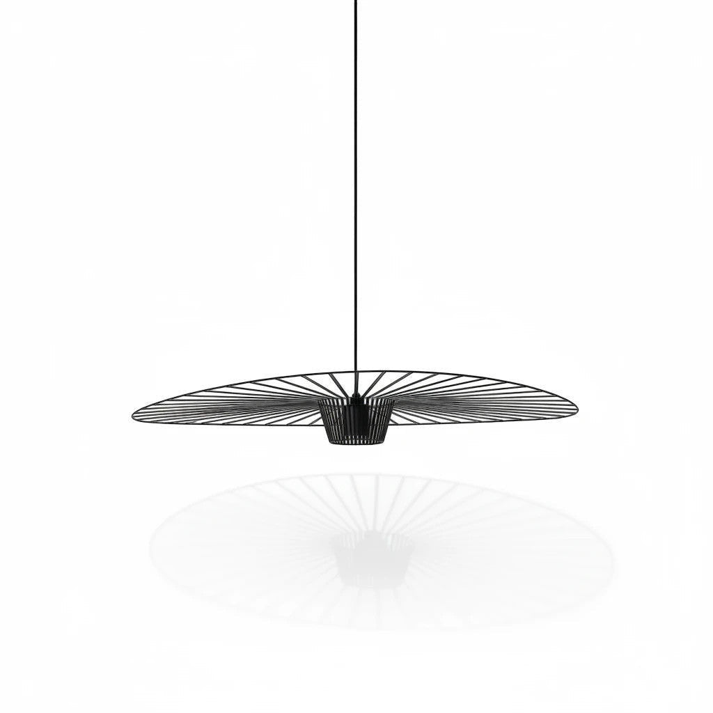 Lysverden large black flat disc pendant light with ribbed fiber design, creating a modern boho aesthetic.