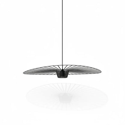 Lysverden large black flat disc pendant light with ribbed fiber design, creating a modern boho aesthetic.