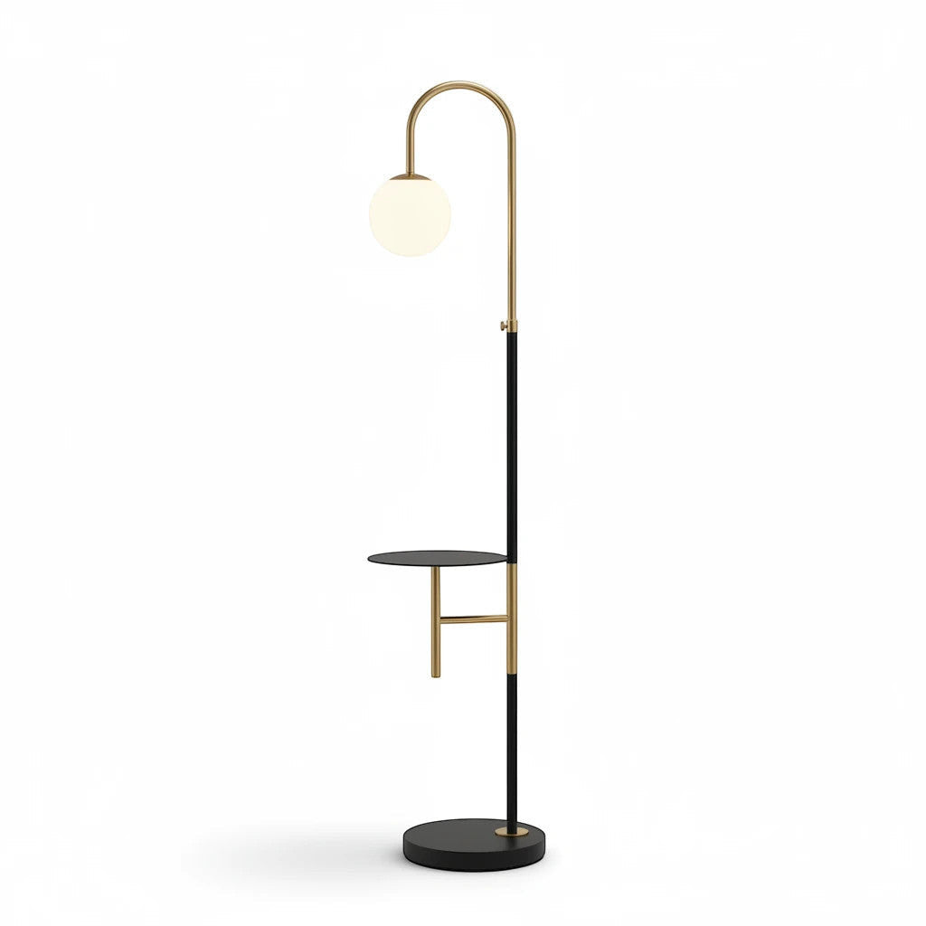 Lysverden modern black and gold arched floor lamp with an opal glass globe shade and integrated side shelf.