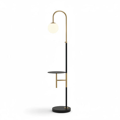 Lysverden modern black and gold arched floor lamp with an opal glass globe shade and integrated side shelf.